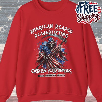 Solid American Muscle - American Reaper Powerlifting - Exercise Your Demons - Grim Reaper Patriotic Gym Sweatshirt