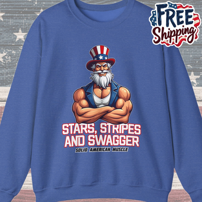 Solid American Muscle - Stars Stripes and Swagger - Muscular Uncle Sam - Patriotic Gym Sweatshirt