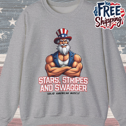 Solid American Muscle - Stars Stripes and Swagger - Muscular Uncle Sam - Patriotic Gym Sweatshirt