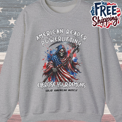 Solid American Muscle - American Reaper Powerlifting - Exercise Your Demons - Grim Reaper Patriotic Gym Sweatshirt