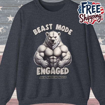 Solid American Muscle - Beast Mode Engaged - Muscular Polar Bear Gym Sweatshirt