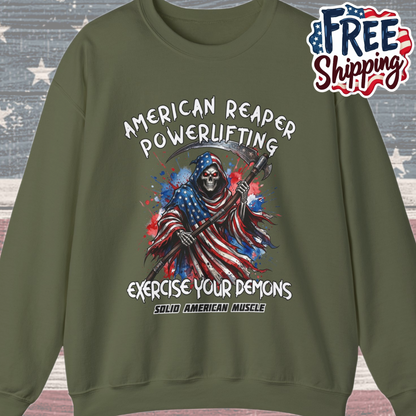 Solid American Muscle - American Reaper Powerlifting - Exercise Your Demons - Grim Reaper Patriotic Gym Sweatshirt