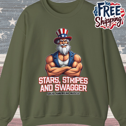 Solid American Muscle - Stars Stripes and Swagger - Muscular Uncle Sam - Patriotic Gym Sweatshirt