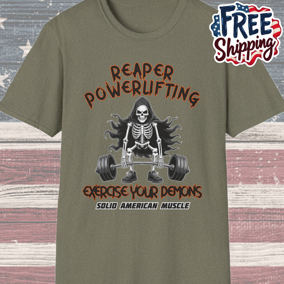 Solid American Muscle - Reaper Powerlifting - Grim Reaper Halloween Gym T-Shirt