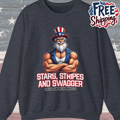 Solid American Muscle - Stars Stripes and Swagger - Muscular Uncle Sam - Patriotic Gym Sweatshirt