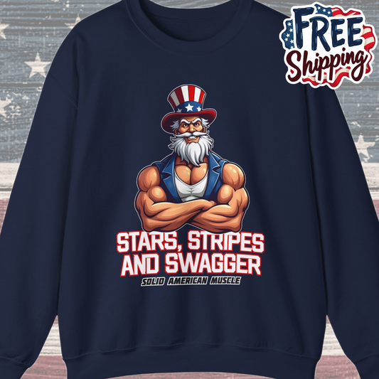 Solid American Muscle - Stars Stripes and Swagger - Muscular Uncle Sam - Patriotic Gym Sweatshirt