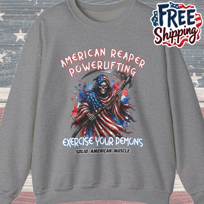 Solid American Muscle - American Reaper Powerlifting - Exercise Your Demons - Grim Reaper Patriotic Gym Sweatshirt