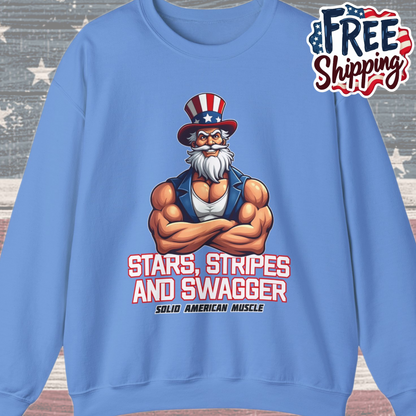 Solid American Muscle - Stars Stripes and Swagger - Muscular Uncle Sam - Patriotic Gym Sweatshirt