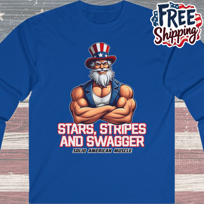 Solid American Muscle - Stars Stripes and Swagger - Muscular Uncle Sam - Patriotic Gym Long Sleeve T-Shirt