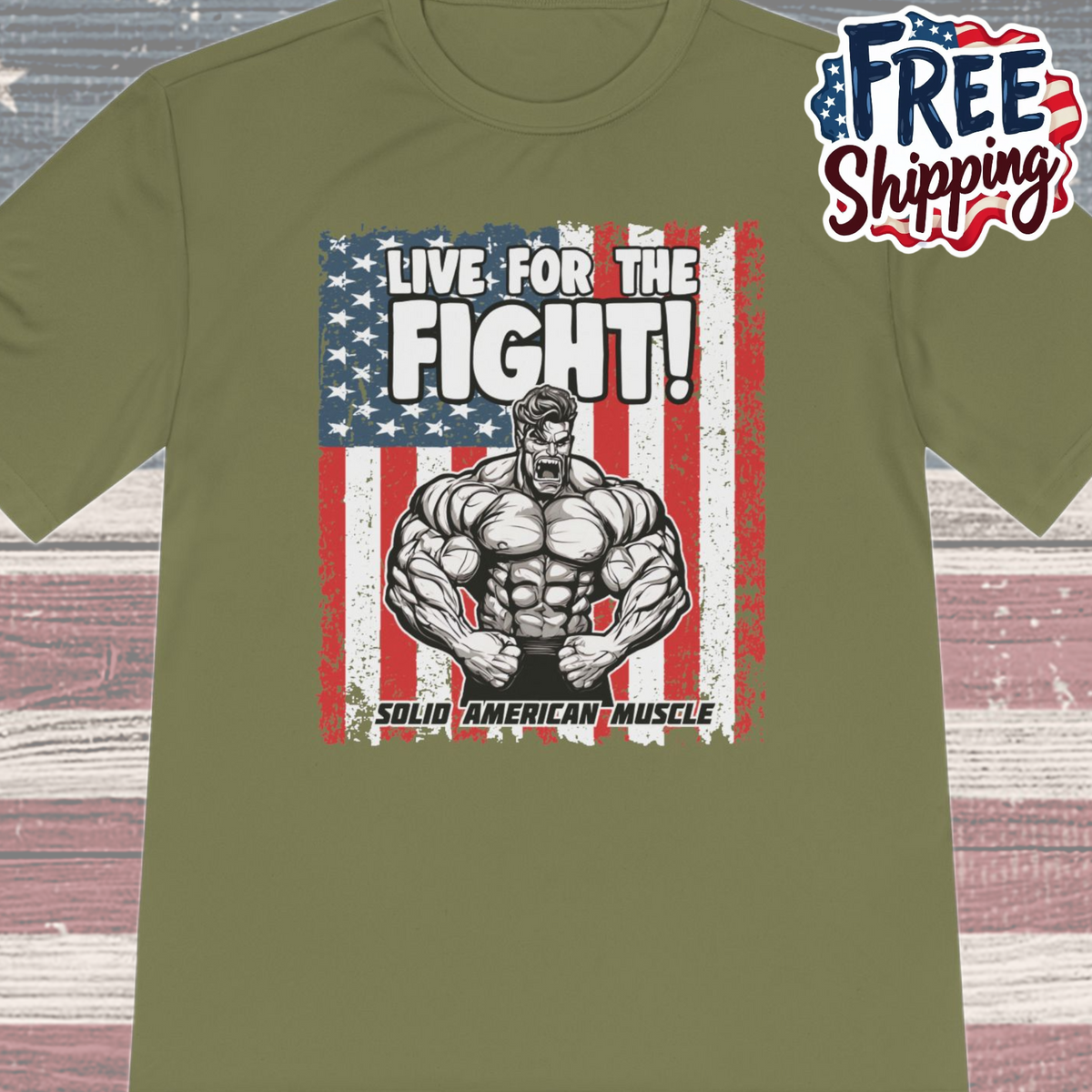 Solid American Muscle - Live for the Fight - USA Flag Moisture Wicking T-Shirt