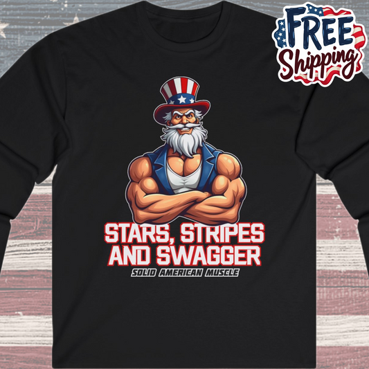 Solid American Muscle - Stars Stripes and Swagger - Muscular Uncle Sam - Patriotic Gym Long Sleeve T-Shirt