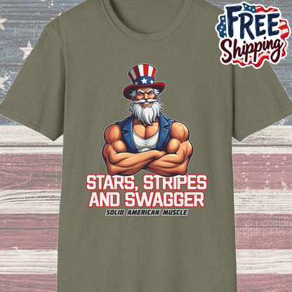 Solid American Muscle - Stars Stripes and Swagger - Muscular Uncle Sam - Patriotic Gym T-Shirt