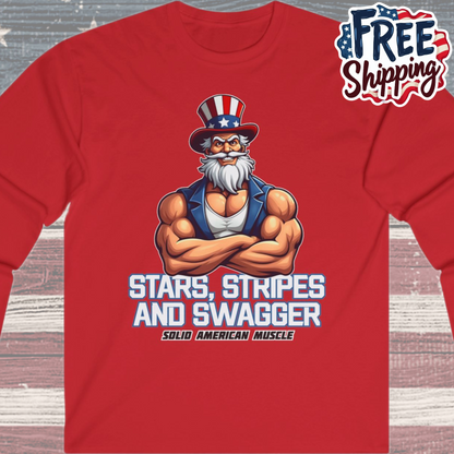 Solid American Muscle - Stars Stripes and Swagger - Muscular Uncle Sam - Patriotic Gym Long Sleeve T-Shirt