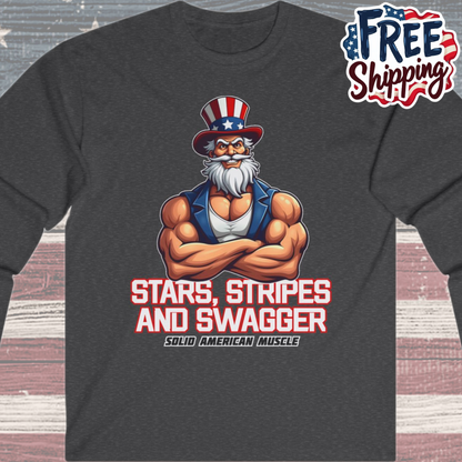 Solid American Muscle - Stars Stripes and Swagger - Muscular Uncle Sam - Patriotic Gym Long Sleeve T-Shirt