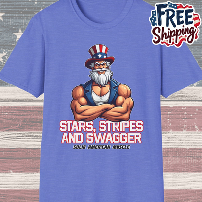Solid American Muscle - Stars Stripes and Swagger - Muscular Uncle Sam - Patriotic Gym T-Shirt