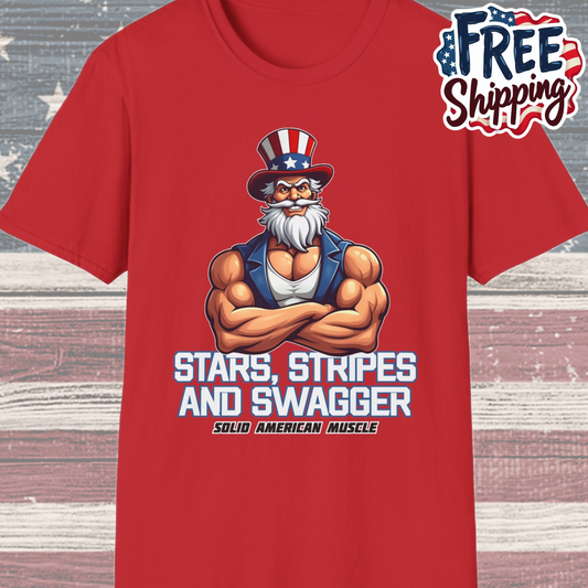 Solid American Muscle - Stars Stripes and Swagger - Muscular Uncle Sam - Patriotic Gym T-Shirt