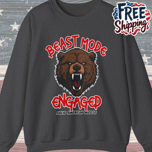 Solid American Muscle - Beast Mode Engaged - Angry Brown Bear Gym Sweatshirt
