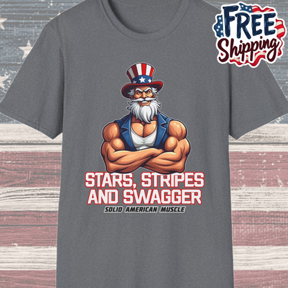 Solid American Muscle - Stars Stripes and Swagger - Muscular Uncle Sam - Patriotic Gym T-Shirt