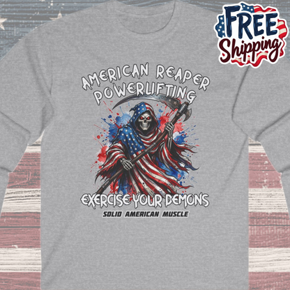 Solid American Muscle - American Reaper - Exercise Your Demons - Grim Reaper Patriotic Gym Long Sleeve T-Shirt