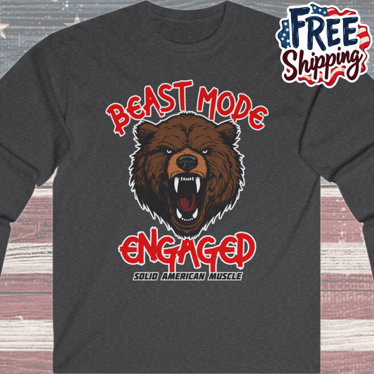 Solid American Muscle - Beast Mode Engaged - Angry Brown Bear Long Sleeve T-Shirt