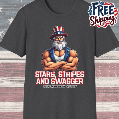 Solid American Muscle - Stars Stripes and Swagger - Muscular Uncle Sam - Patriotic Gym T-Shirt
