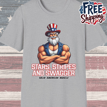 Solid American Muscle - Stars Stripes and Swagger - Muscular Uncle Sam - Patriotic Gym T-Shirt