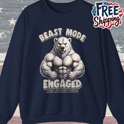 Solid American Muscle - Beast Mode Engaged - Muscular Polar Bear Gym Sweatshirt