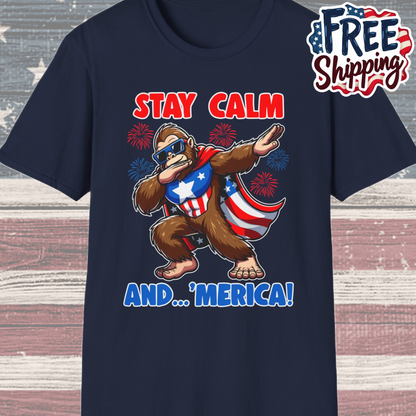 Patriot Collection - Stay Calm and 'Merica - Dabbin' Bigfoot - T-Shirt