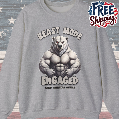 Solid American Muscle - Beast Mode Engaged - Muscular Polar Bear Gym Sweatshirt