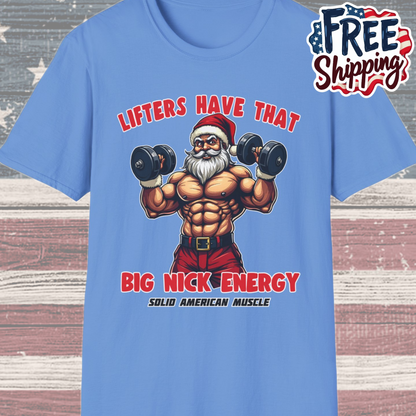 Solid American Muscle - Lifters Have That Big Nick Energy - Muscular Santa - Christmas Gym T-Shirt